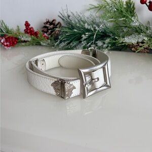 Gianni Versace Vintage White Leather Belt with Silver Tone Medusa